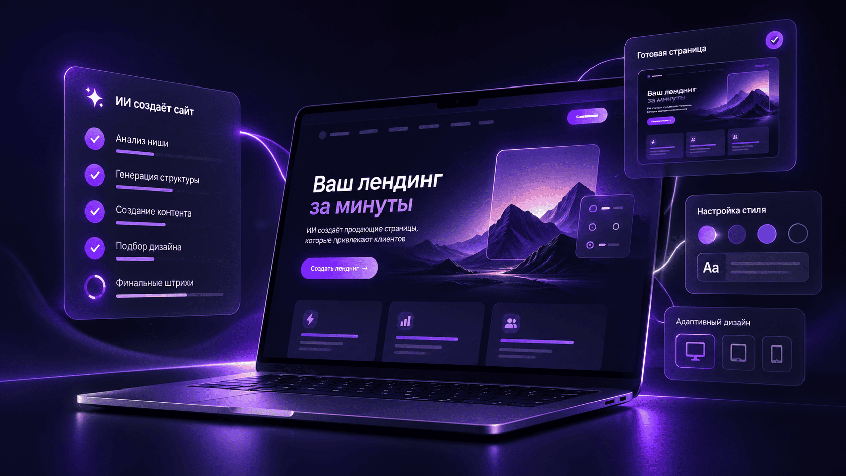 Концепт сервиса создания лендингов с помощью ИИ: ноутбук, интерфейсные карточки и неоновое фиолетовое свечение.