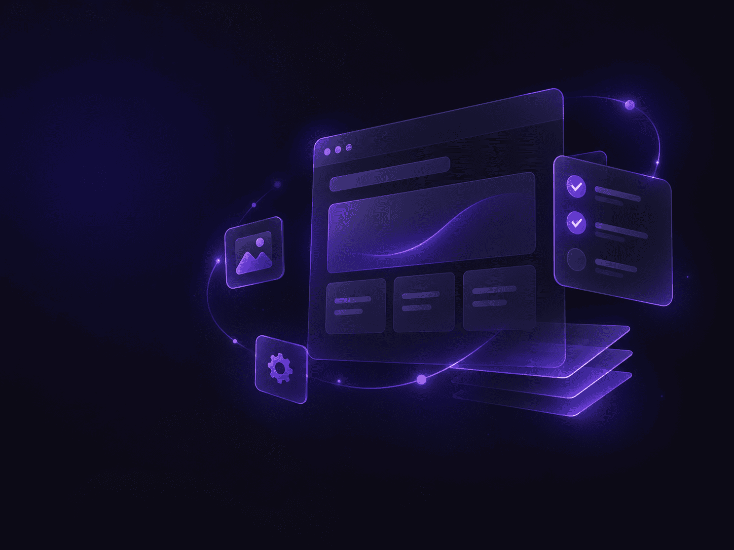3D-иллюстрация веб-интерфейса: стеклянные панели с неоновой фиолетовой подсветкой на тёмном фоне.